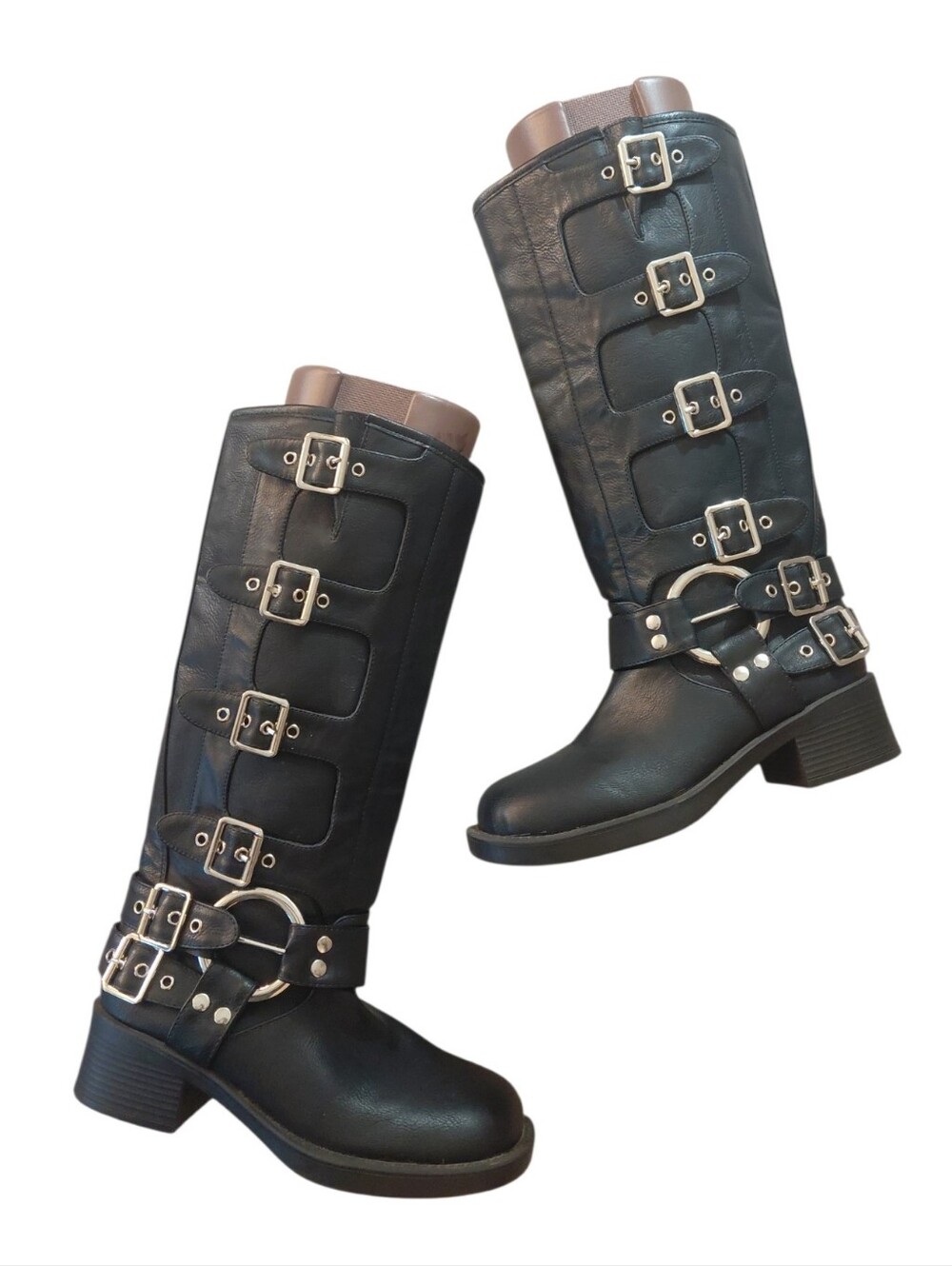 Tall Black Motorcycle Riding Boot Knee High Buckled Lug Sole Boot Sz 6